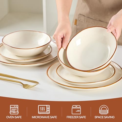 Image of Bestone 12 Pieces Round Kitchen Dinnerware Sets,Plates and Bowls Sets,Dishes, Plates, Bowls, Dish Set, Chip Resistant Ceramic Dinnerware Set, Dishwasher /Microwave Safe,Service for 4,Pearl White