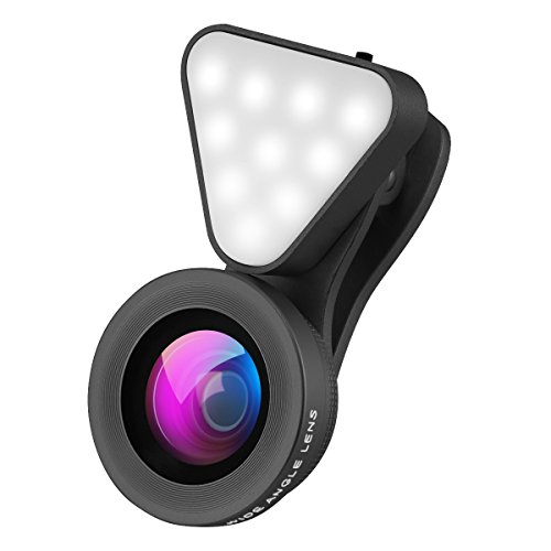 Phone Camera Lens 3 in 1 HD Fisheye Lens with 3 Adjustable Brightness Fill Light, 15X Macro 0.4X-0.6X Wide Angle Lens for iPhone Samsung & Most Smartphones