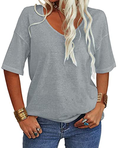 Tankaneo Damen V-Ausschnitt Kurzarm T-Shirt Casual Lose Basic Sommer Tops Halbarm Oversized Tunika Tee