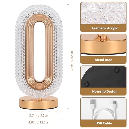 Lewondr Bedside Table Lamp for Bedroom, 3 Color Dimmable Night Light with USB Port, Rechargeable Touch Lamps, Crystal Modern Oval Light Nightstand Desk Lamp for Dorm Living Room Office - Image 6