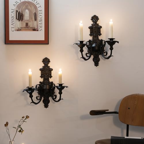 Image of CC wonderland zone Candle Sconce(Set of 2)-Metal Gothic Wall Decorations-Rustic Home Decor-Black Gold Wall Candle Sconces,Dark Academia Decor