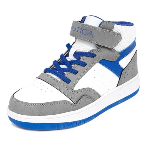 Nautica Boys Girls High-Top Sneakers Bungee Strap Trainers Basketball Style Shoes-Hugh-White Blue Grey Size-1