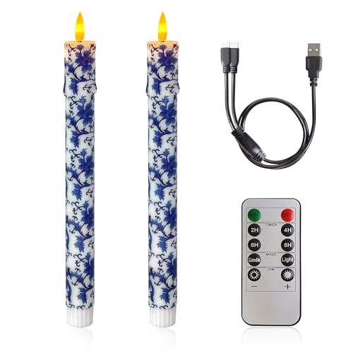 Image of Chinoiserie LED Candles Remote Candlesticks-10inches Blue and White Battery Operated Candles Timer Floral LED Taper Candles Lights for Home Wedding Tea Party Windows Decor-RC2PC-BLUWHT