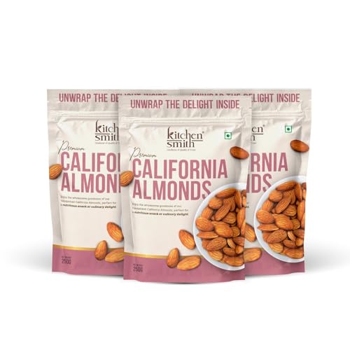 Image of KitchenSmith Jumbo California Almond - Pack of 3 (250gm Each) | Badam Giri, Naturally Sourced Crunchy Badaam & High In Antioxidant | Naturally Sweet & Tasty