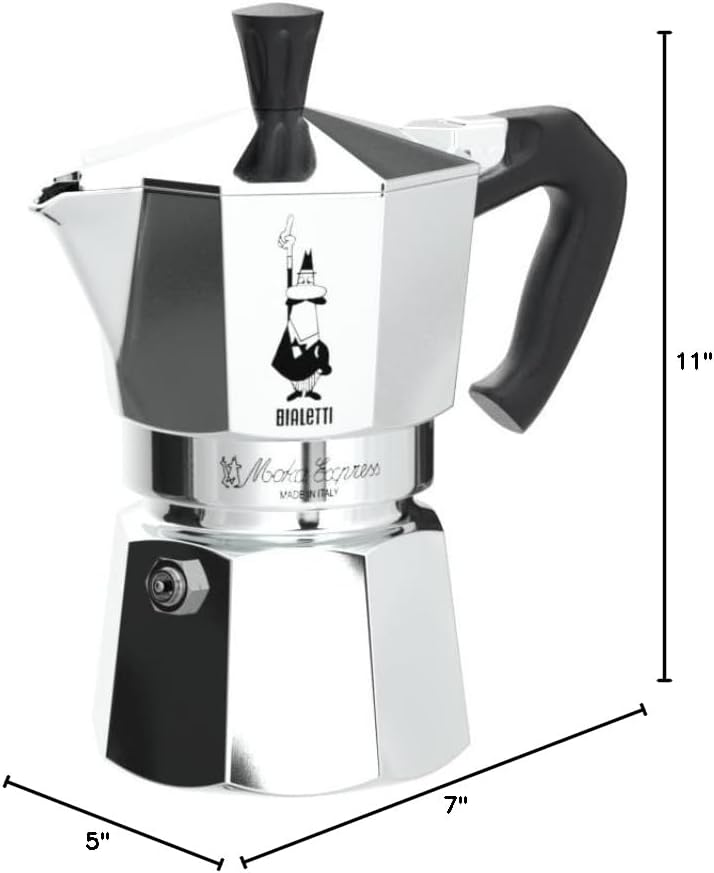 Bialetti Moka Express with dimensions labeled