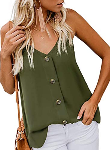 MOLERANI Mujeres Lindas Camisas sin Mangas Blusas con Botones Cuello en V Correa de Espagueti Moda Cami Camiseta sin Mangas Verde Militar XL