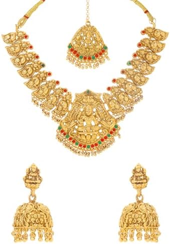 Yellow Chimes Jewellery Set for Women Gold Plated Traditional Temple Jewelry Set Antique Necklace Set with Earrings and Maangtikka for Women and Girls