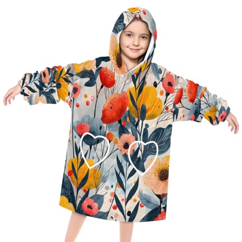 Pardick Wearable Blanket Hoodie for Kids, Fantastic Flowers Fleece Sweatshirt Blanket Oversized Blanket Sweatshirt with Pocket Flannel Warm Hooded Blanket 6-10 Year Old Girl Boy Gift, One Size