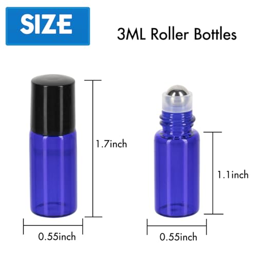 ZEJIA 3ml Roller Bottles 24Pack Cobalt Blue Thick Glass Essential Oil Bottles with Stainless Steel Roller Ball and 2 Droppers2