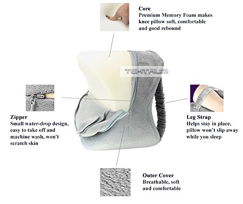 Tektrum Orthopedic Knee Pillow For Sciatica Relief, Back Pain, Leg Pain, Hip Pain, Joint Pain, Pregnancy, Spine Alignment - Memory Foam Wedge Contour With Washable Cover And Leg Strap, Grey Color #TOP3