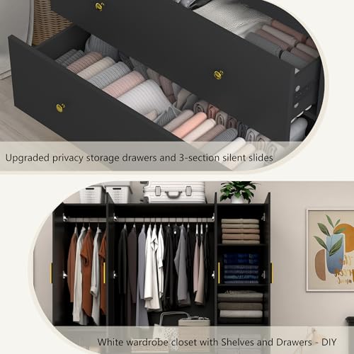 jiteentarou 4 Door Wardrobe Closet with Mirrors and LED Lights, Bedroom Armoire with Drawers and Shelves, Modern Wooden Armoire Wardrobe Closet with Hanging Rod for Bedroom, Black