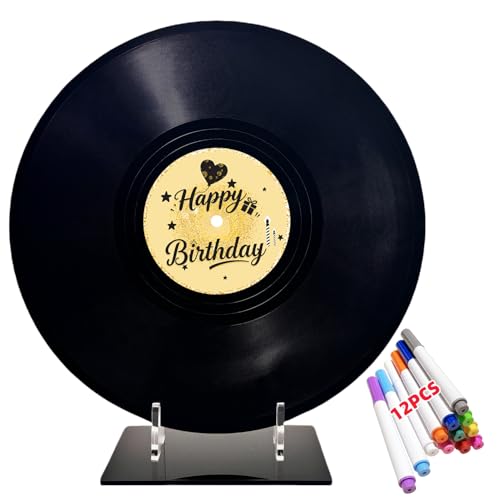 Image of ReeGii Vinyl Record Guest Book for Birthday Decorations - Large 11.6"x11.6" Birthday Party Sign Poster with 12 Pens,Unique Keepsake Gift for Friends and Family