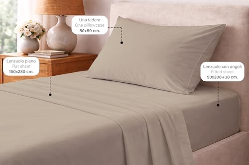 Hermet Set Lenzuola Letto Singolo In Tinta Unita, 3 Pezzi, Lenzuolo Con Angoli, Lenzuolo Piano, Federa 50X80, Angolo 30 Cm, Morbida Microfibra, Certificato Oekotex, No Stiro - 2