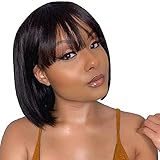 NICMISS Short Bob Wig Human Hair With Bangs None Lace Front Wigs 8 Inch Machine Made Brazilian Virgin Straight Bob Wigs for Black Women Human Hair Glueless Black