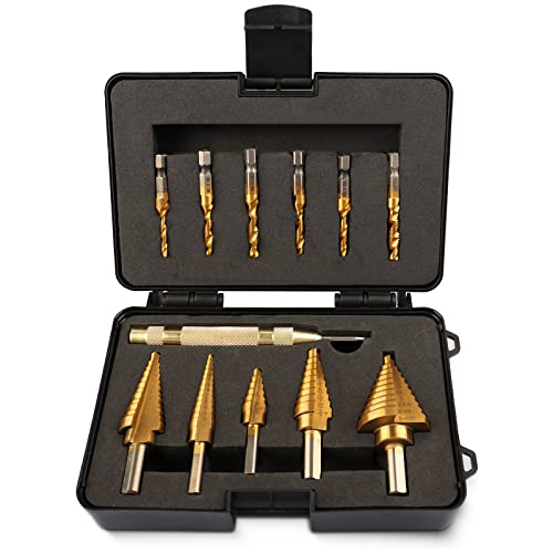 Rocaris 5 Pcs Step Drill Bit Set & 6 Pcs Tap Bit Set, Titanium Coated, 50 Sizes Of High Speed Steel Step Drills For Diy Lovers Metalworking, Woodworking, Hole Drilling, 12 Pack #TOP10