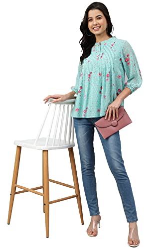Image of Janasya Women's Dobby Georgette Floral Print Flared Top