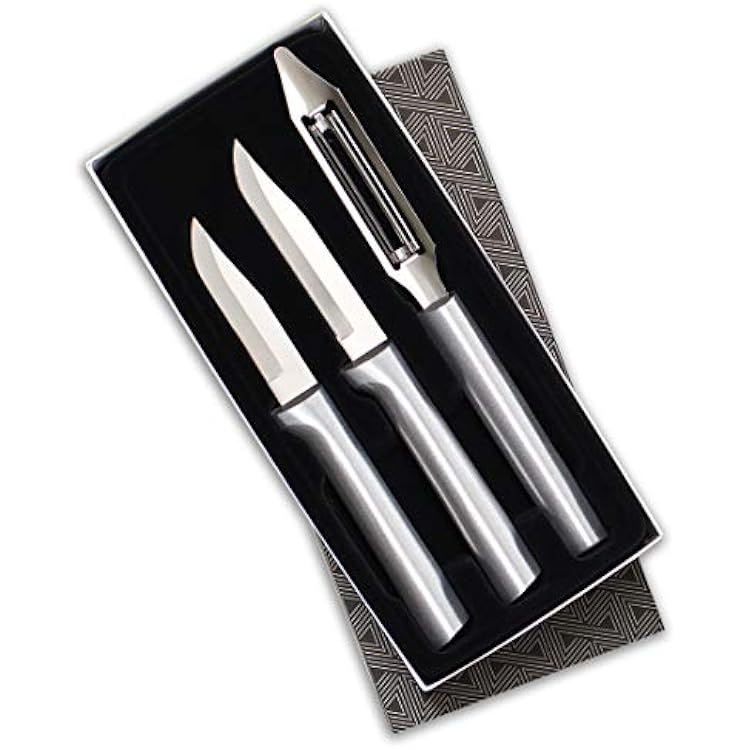 Rada Cutlery Kitchen Basics Gift Set (S56), 3-Piece Knife Set with Quick Edge Sharpener (R119), Silver Handle