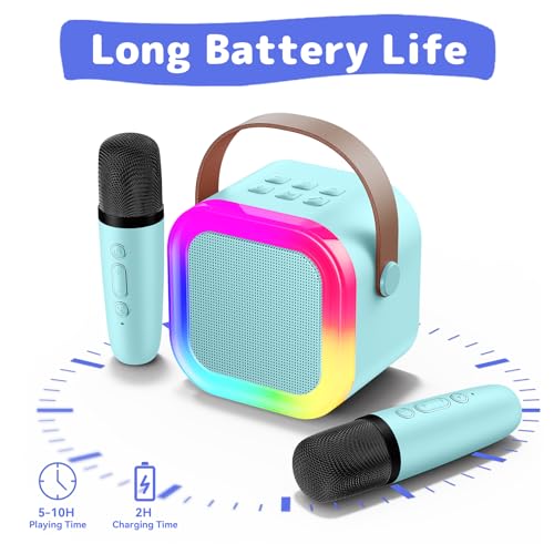 Miniatura 8 de Fede Karaoke 2 Micrófonos Para Niños, Mini Karaoke Infantil Micrófonos Inalámbricos Altavoz Bluetooth Portátil Con Efectos De Cambio De Voz Y Luces Led, Mejores Juguetes Regalos Para Niñas Azul