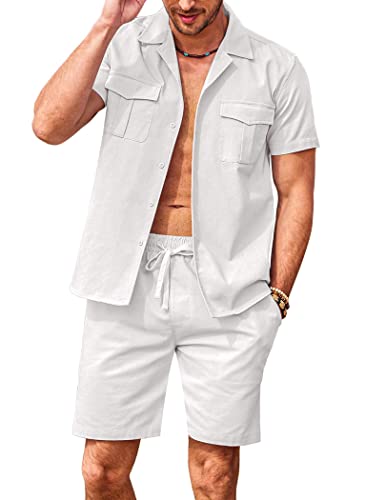 Men's Summer 2-Piece Set – Short Sleeve Button Down Shirt & Drawstring Shorts Outfit (Burgundy)