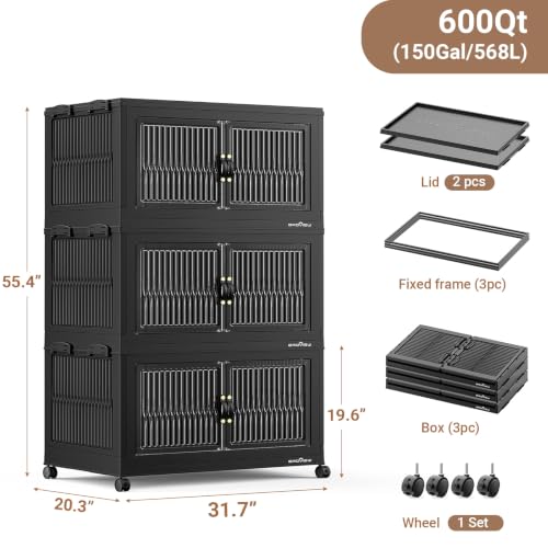 Image of BROVIEW 600Qt Stackable Storage Bins with Lid for Home Dorm, 3Pack Black