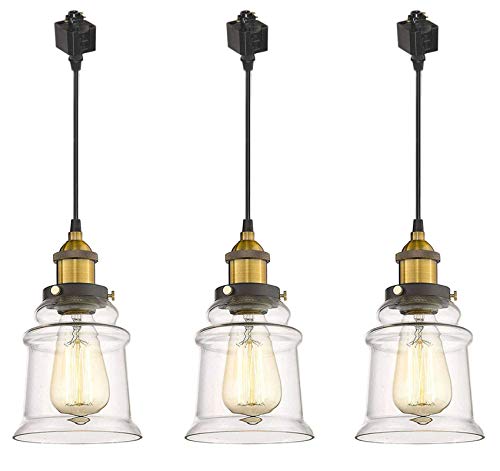 Kiven H-Type Track Light w/Bell Clear Glass Shade,Industrial Factory Pendant Lamp Restaurant Dimmable Track Mount Pendant Lighting Fixtures Customizable,3 Lights