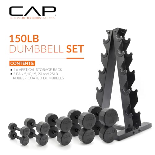 CAP 150 lb Rubber Coated 12-Sided Dumbbell Set with Vertical Rack, Space-Saving A-Frame Storage for Home Gym Strength Training, Black Handle by CAP - Image 2