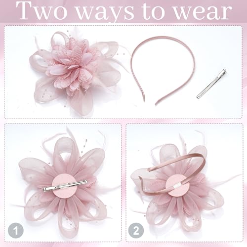Tea Party Hats for Women Fascinators Hats Vintage Headband Tea Party Accessories for Wedding Cocktail Dresses (Pink)