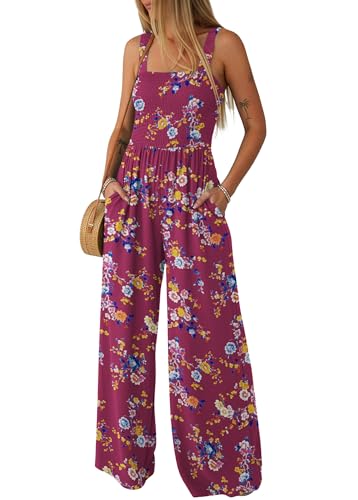 Lepunuo Jumpsuits for Women Casual One Piece Overalls Smocked Wide Leg Long Rompers With Pockets Beach Vacation