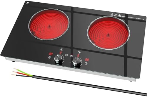 Zarbaco 2 Burner Electric Cooktop 24 Inch, 4000W Electric Stove Top with Built-in Design, 220-240V Knob Control Radiant Ceramic Cooktop with Safety Lock, 9 Level Power, Timer - Hard Wire