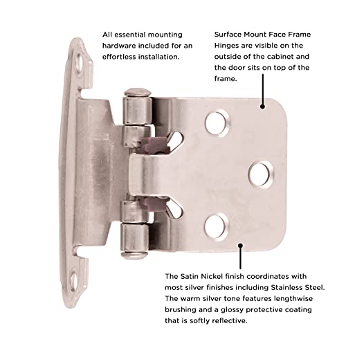 Hickory Hardware P244-SN Variable overlay - Easy Installation - Traditional Cabinet with 170° Opening Self-Closing Surface Mount Face Frame Hinge - Satin Nickel Finish 1 set of Pair