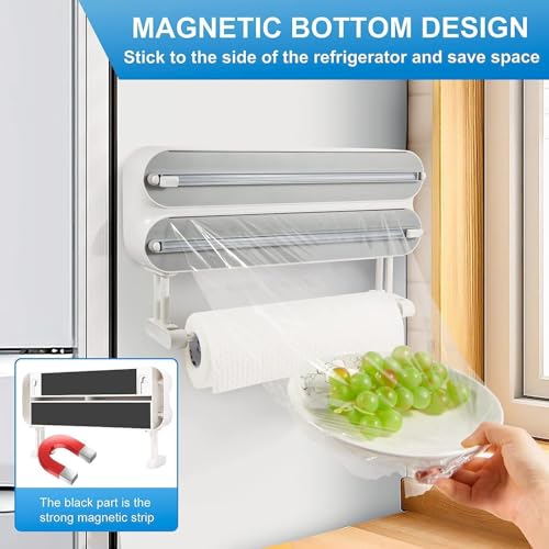 Image of DOCAT Foil Paper Cutter and Holder, 3 in 1 Magnetic Aluminum Foil and Plastic Wrap Organizer with Paper Towel Holder, Compatible with Cling Film, Tin Foil and Wax Paper Dispenser (White)