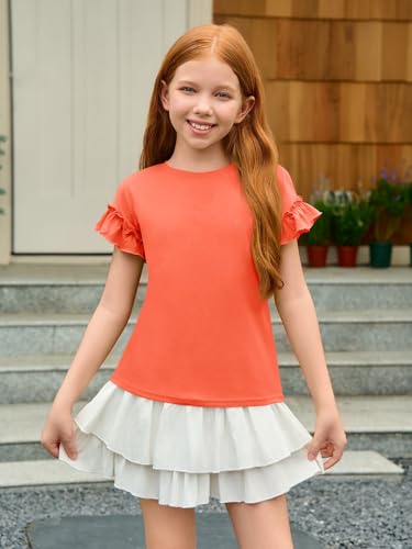 Image of Haloumoning Girls Ruffle Short Sleeve T Shirts Crewneck Tops 5-14 Years | Summer, Cute Tees Blouse, Casual, Solid Color, Loose Fit