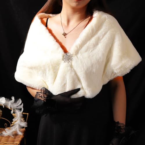 Ursumy Wedding Faux Fur Wraps Bridal Shawl Fur Stole Fur Scarf with Rhinestones Brooch Party for Bride and Bridesmaids2