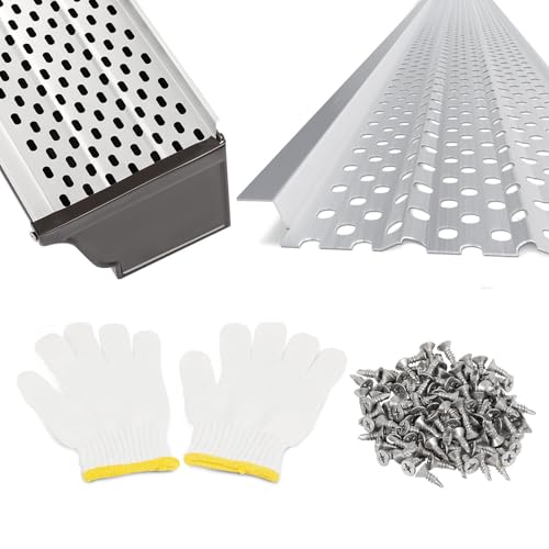 26Pack Gutter Guards, 48x5in Aluminum Gutter Cover, 104FT Total Length with Screws Included, 5x10mm Hole Diameter with Gloves, 5" Gutter Guards Fit for All Gutter Type