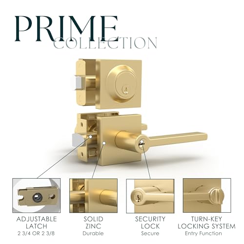 Image of Mega Handles Prime Entrance Combo, Entry Lever Door Handle and Single Cylinder Deadbolt Lock and Key Combo Pack, Heavy Duty Square Locking Door Levers Set for Left or Right-Handed Doors - Satin Brass