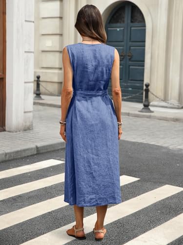 Image of Women's 100% Linen Midi Dress V Neck Sleeveless Tie Waist Side Slit Dresses 2026 Summer Dress with Pocket