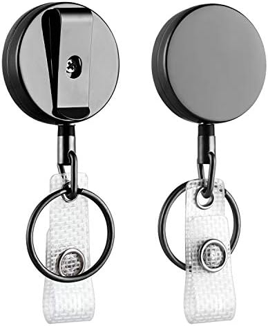 2 Pack Mini Heavy Duty Retractable Badge Holder Reel, Will Well Metal ID Badge Holder with Belt Clip Key Ring for Name Card Keychain [All Metal Casing, 24.4" Kevlar Wire Cord, Reinforced ID Strap]