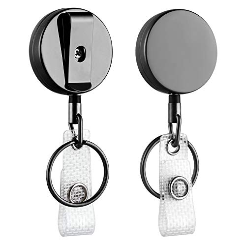 2 Pack Mini Heavy Duty Retractable Badge Holder Reel, Will Well Metal ID Badge Holder with Belt Clip Key Ring for Name Card Keychain [All Metal Casing, 24.4