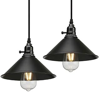 CeilSong Vintage Industrial Style Ceiling Pendant Light 2-Pack, Black Pendant Lights with Switch,Metal Lamp Shade Hanging Light Fixture for Kitchen Island,Farmhouse,Living Room,Bedroom (CESUK009)