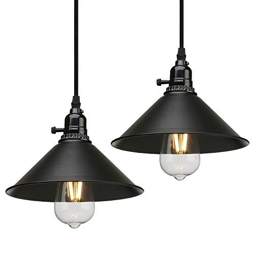 CeilSong Paquete de 2 luces Colgantes de Techo de Estilo Industrial Vintage, Negras con Interruptor, Lámpara Colgante de Pantalla de Metal Para Isla de Cocina, Casa de campo, Dormitorio, CESES001 Cover