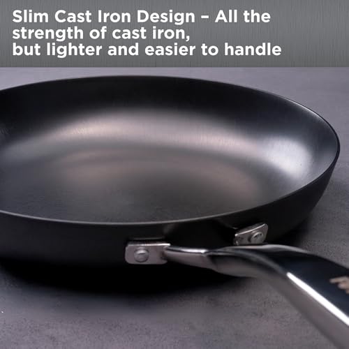 Image of Hawkins 26 cm Futura Slim Cast Iron Frying Pan | Induction & Gas Safe | Lighter to Handle | for Eggs & Everyday Frying | with Lid | Black (IMF26G)|Induction and Gas Stove Compatible