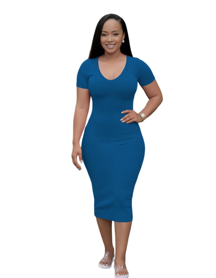 Image of TOPSRANI Women Sexy Midi Dress Bodycon Casual Sleeveless Basic Ruched Tank Summer Club Party Dresses