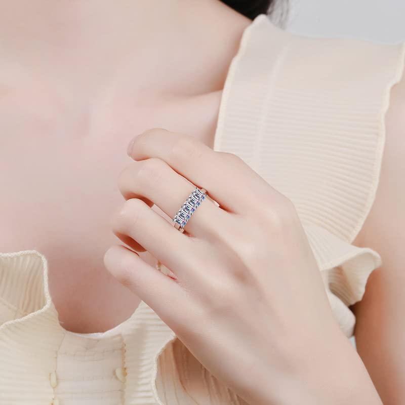 2.5 Carat 3X5mm 5 Stone Emerald Cut Moissanite Half Eternity Wedding Band Ring for Women Sterling Silver with White Gold Plated D Color VVS1 Lab Created Diamond Anniversary Promise Ring for Her Size 5-102