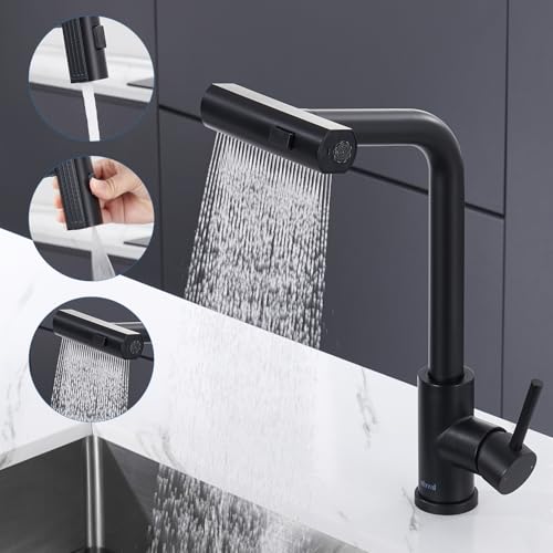 Ulytid Robinet Cuisine Noir Cascade, Mitigeur Cuisine avec Douchette Extractible 3 Modes de Réglage, Robinetterie Evier Cuisine Escamotable Rotatif à 360°...
