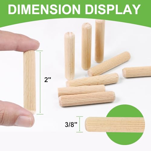 3/8\" x 2\" Wooden Dowel Pins, FoDau770 Fluted Wood Dowel Rods, Natural Beech Wood Dowel Pegs for Crafts, Woodworking, DIY Furniture - 100 Pieces