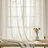 Maison Colette Natural Linen Sheer Curtain 95 inches Length, Rod Pocket Hollow Stripe Transparent Voile Window Drapes for Bedroom/Living Room, 2 Panels,52