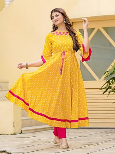 Image of Yash Gallery Women's Fit And Flare Calf Length Cotton Ikat Printed Flared Dress