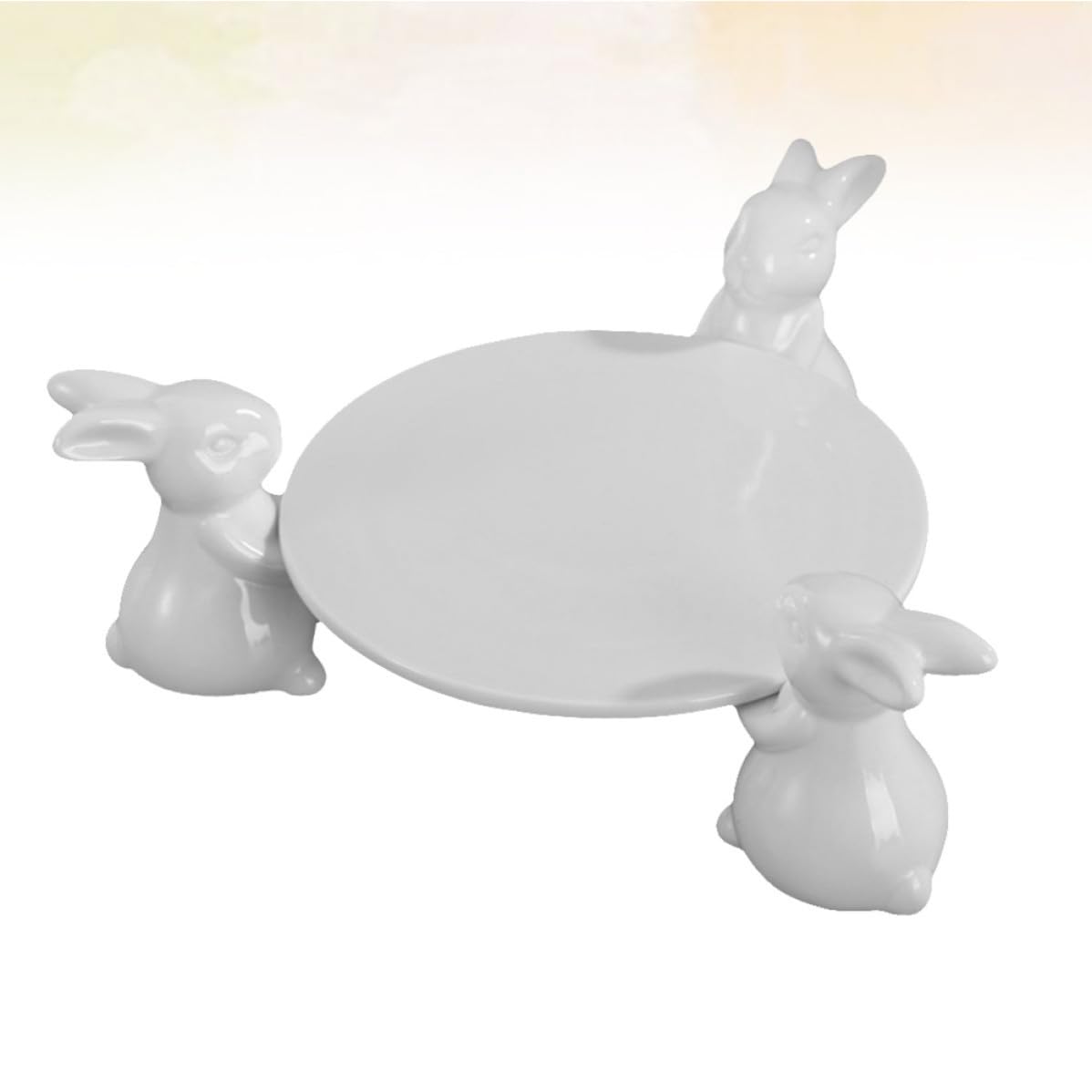 Soporte para Tartas de Cerámica Blanco Diseño de Tres Conejos, Bandeja Redonda para Mostrar Dulces y Chocolates en Bautizos y Navidad