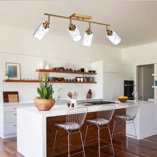 MELUCEE 4 Light Track Lighting Kit Brass Bathroom Vanity Light Fixtures with Adjustable Track Head Ceiling Spotlight Fixture for Hallway Porch Foyer Storage, Clear Glass Shade - Thumbnail 5
