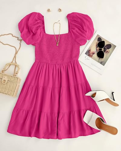Image of ZESICA Women's Boho 2026 Summer Square Neck Puff Sleeve Off Shoulder Smocked Tiered Casual A Line Short Mini Dress